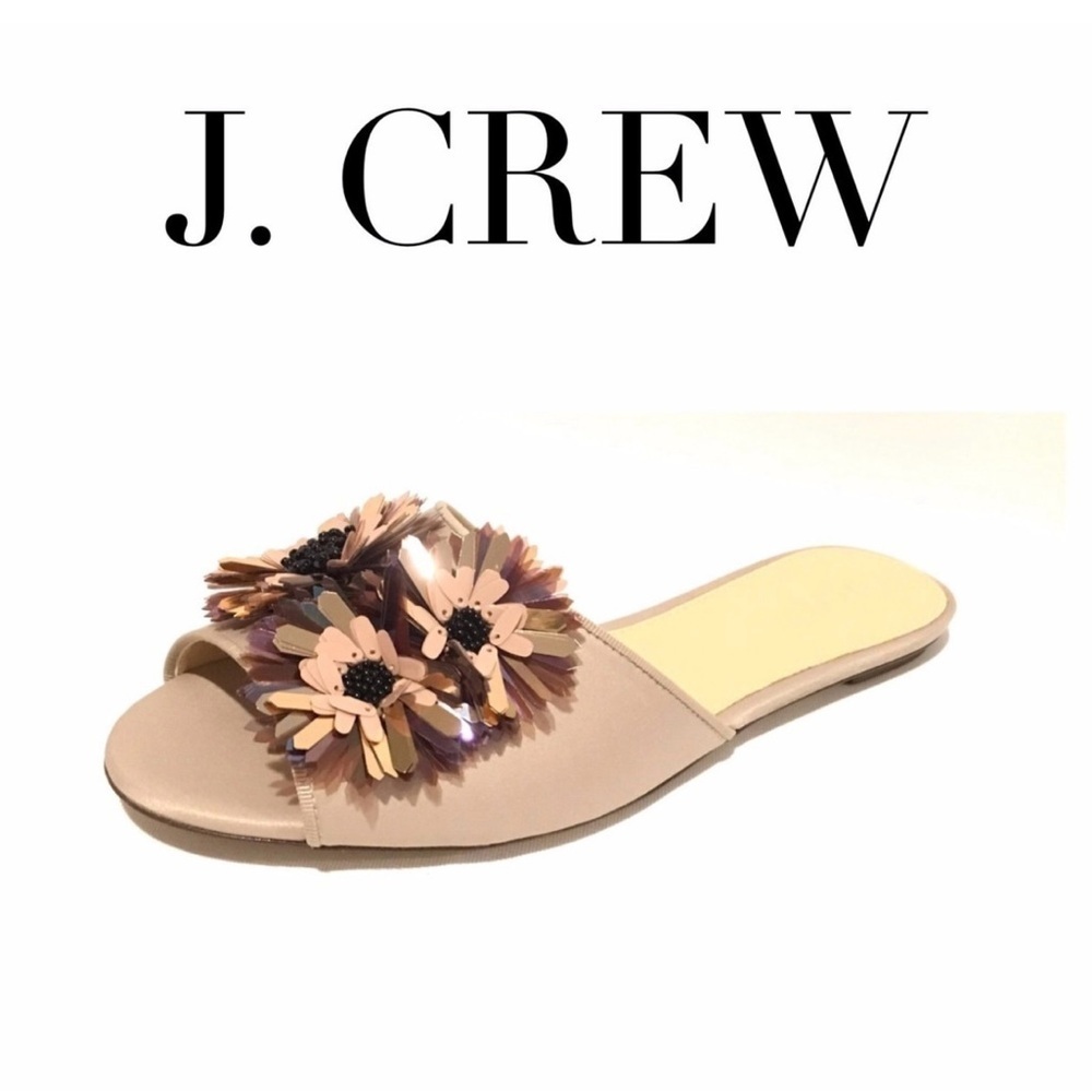 J.Crew Satin Slides with Floral Embellishments in a warm sandstone color